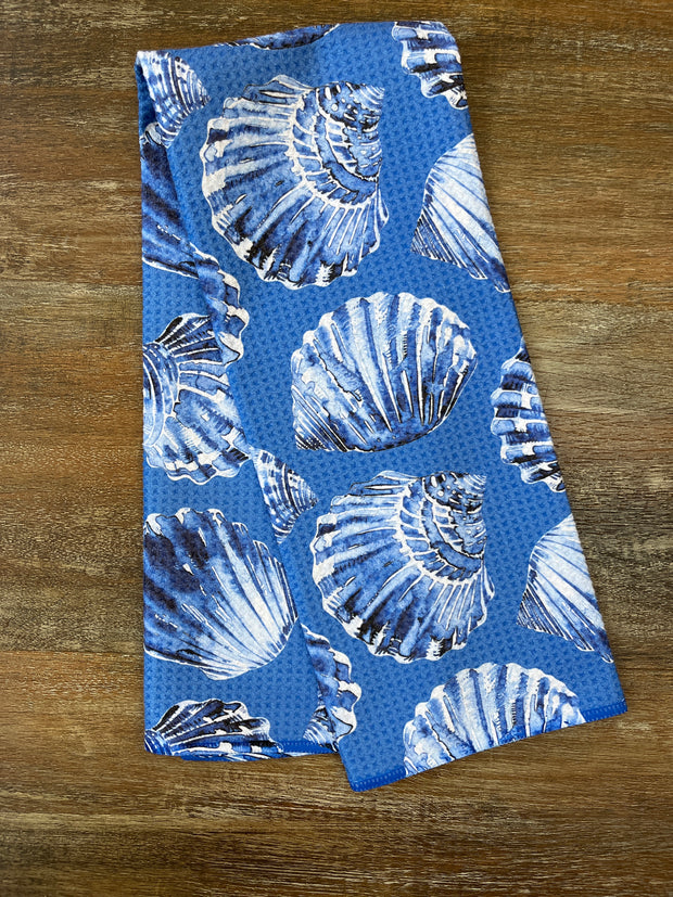 White & Dark Blue Shells Eco-Dishtowel