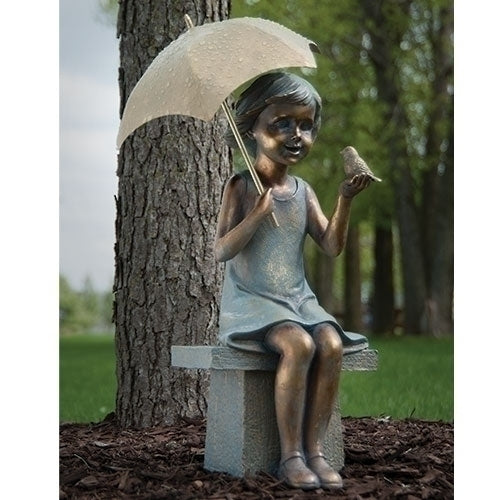 Girl on Bench Garden Statue with Bird