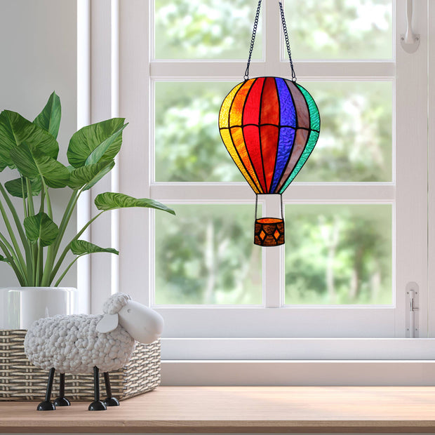 11"H Otis Red Hot Air Balloon Stained Glass Window Panel
