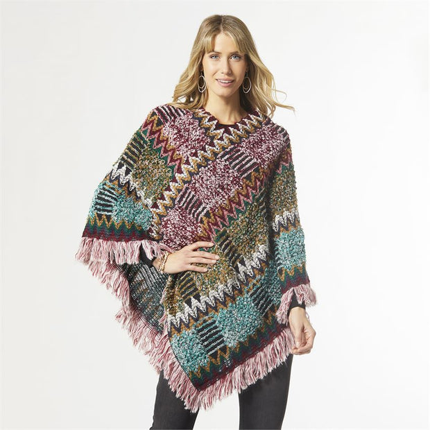Marceline Chunky Knit Poncho - Black/Red/Teal