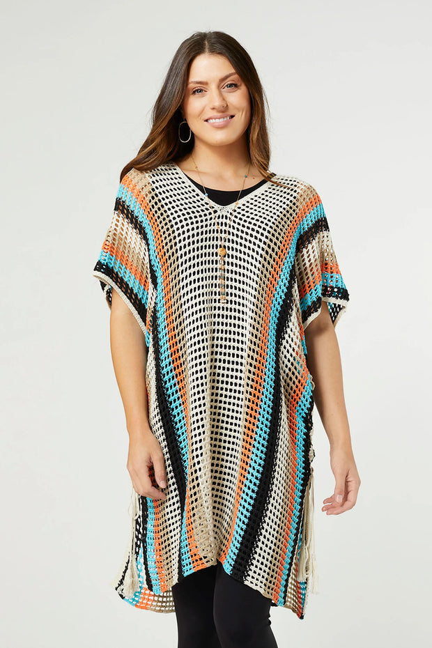 Jubilee Striped Crochet Poncho with Side Tie