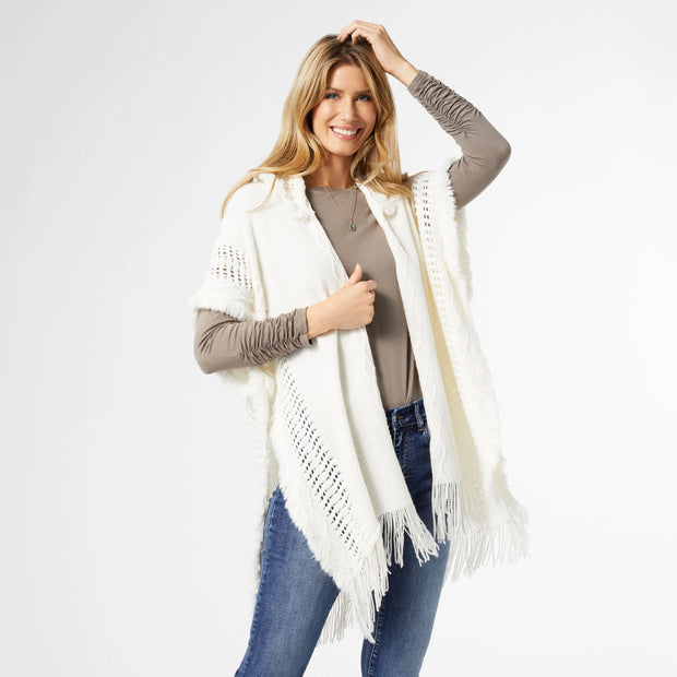 Eloise Hooded Ruana with Frayed Fringe