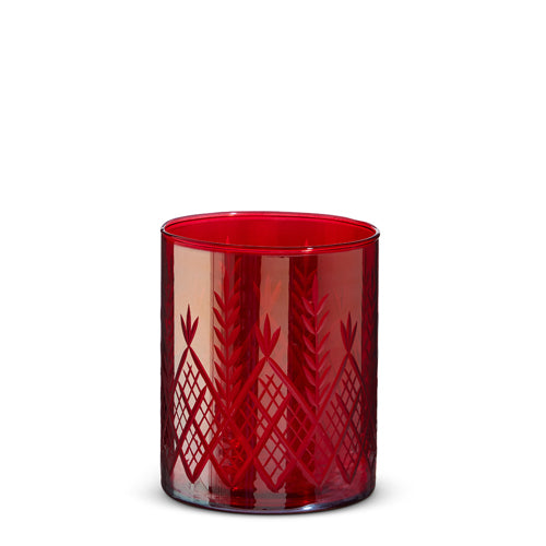 Etched Red Vase or Candle Holder