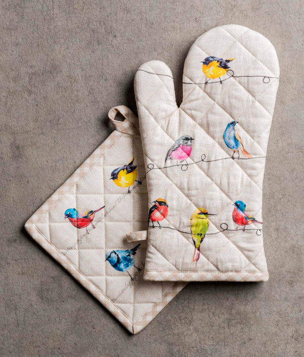 Oven Mitt & Potholder Set - Birdies on a Wire