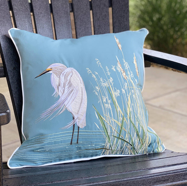 Waterside White Egret Indoor Outdoor Pillow