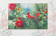 Cardinal in Hollyhocks Birthday Greeting Card