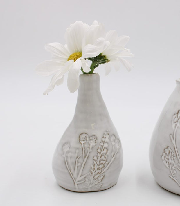 Skinny Vase with Debossed Flowers, White