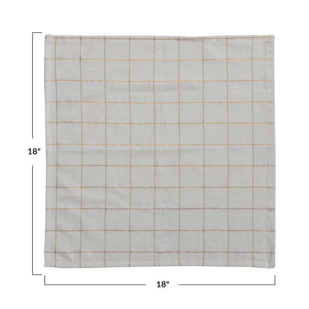 18" Square Cotton Napkins w/ Grid Pattern & Metallic Gold Thread, Set of 4