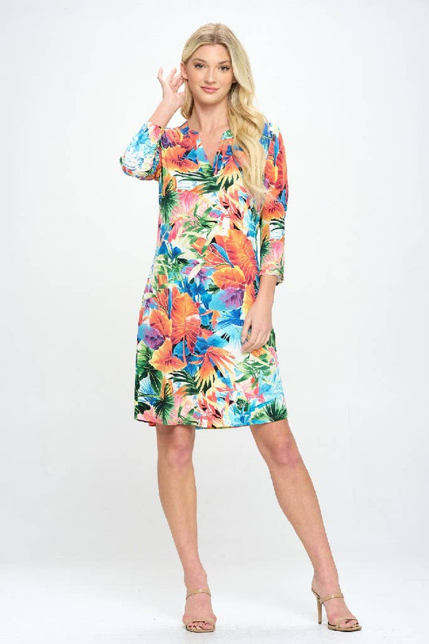 Tropical Print Notch Neck Midi Dress with 3/4 Sleeves