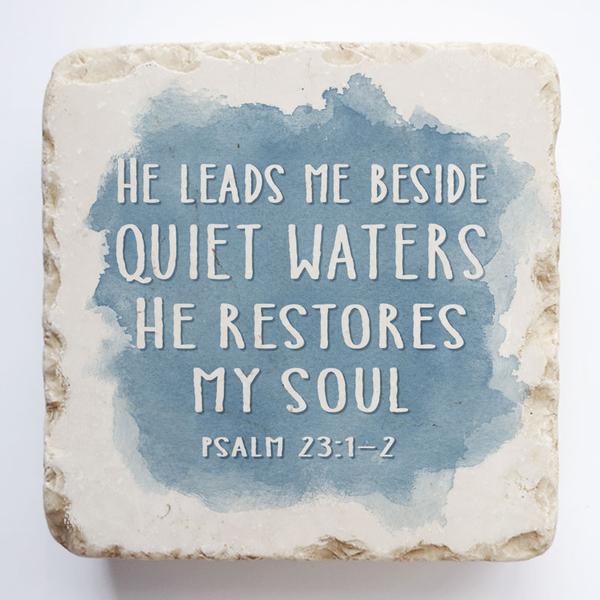 Psalm 23:2-3 Scripture Stone with Blue Background