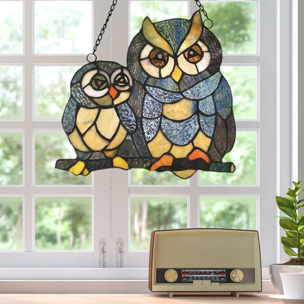 10.75"H Zola Multicolor Owls Stained Glass Window Panel