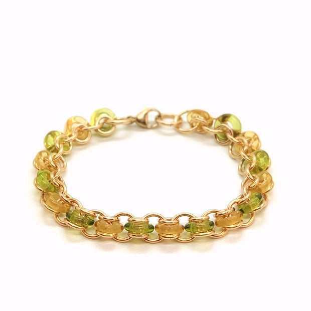 14Kt Gold-Fill with Green & Gold Glass Rings Bracelet