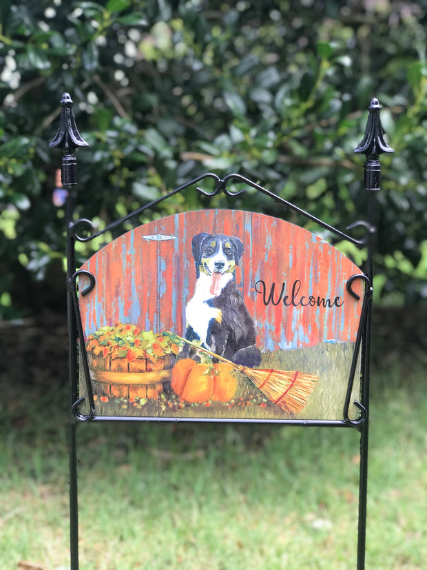 Fall Dog with Broom Welcome Garden Sign