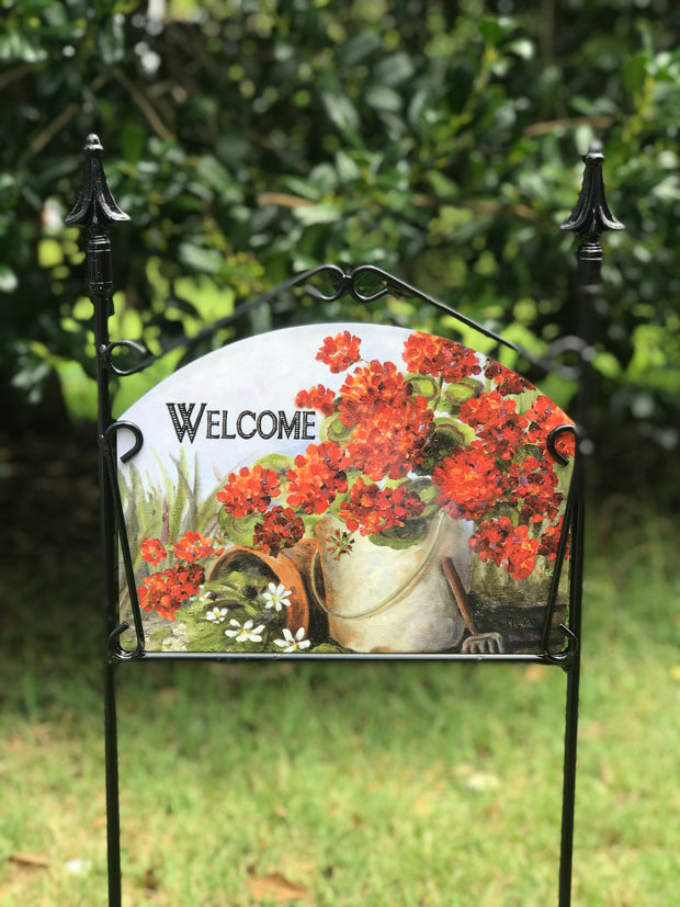 Geranium Pail Welcome Garden Sign