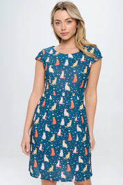 Cat & Hearts Print Dress with Pockets