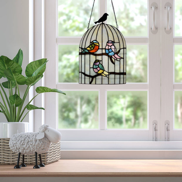 13.25"H Coco Clear Bird Cage Stained Glass Window Panel