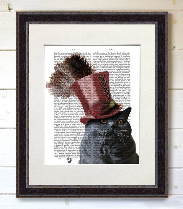 Grey Cat with Steampunk Top Hat, Book Print / Art Print