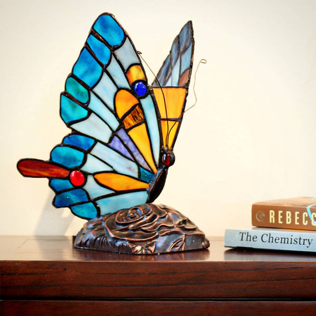 9"H Kiara Blue Butterfly Stained Glass Accent Lamp